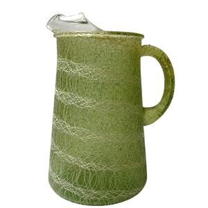 Vintage Green Glass Pitcher with Spaghetti String Design 7.75" tall